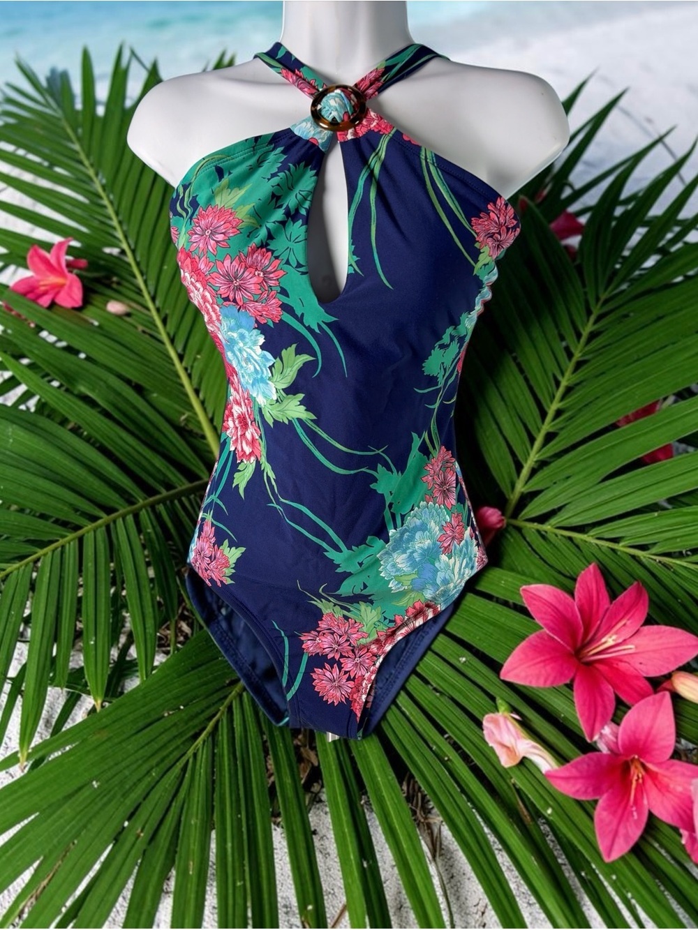 Apt. 9 Women's Navy Blue Nylon Floral Ring Keyhole One Piece Swimsuit Size Large